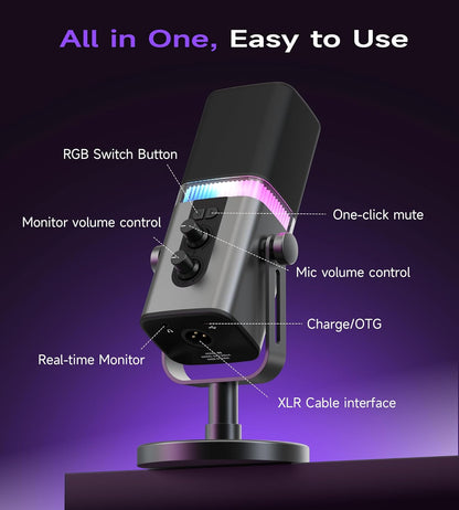 MAILANGSHI 192KHz/32bit Dynamic Podcast Microphone for PC, USB & XLR Mic with RGB Lighting, Desktop Stand, Mute Button, All-Metal Body, Gain & Volume Control, Gaming Microphone for Livestreaming