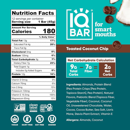 IQBAR Clean Plant Protein Bars, Almond Butter Chip 12-Count | Protein Snack | High Fiber, High Protein, Low Sugar, Clean Label Project Certified | Gluten Free, Dairy Free, Vegan, Keto, Soy Free