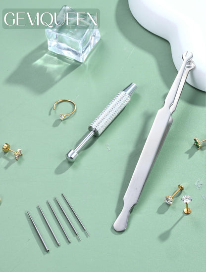 GEMQUEEN Piercing Taper Ball Grabber Tool for Changing Jewelry - 14G 16G 18G 20G Stainless Steel Flat Back Earrings Applicator Tool Threadless Insertion Pin Thread Body Piercing Kit for Ear Nose Lip