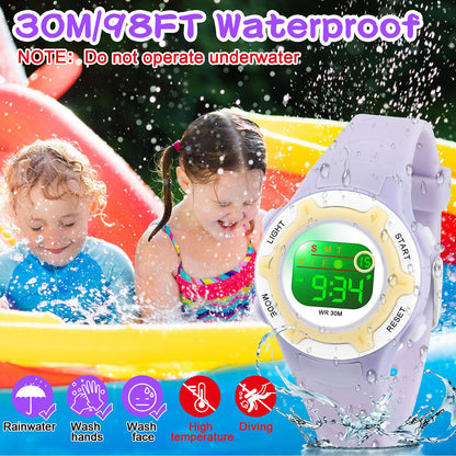 DTKID Digital Kids Watch 30 M Waterproof, 7 Color Lights Time Teaching Watch Easy to Read for Girls Boys 5-16