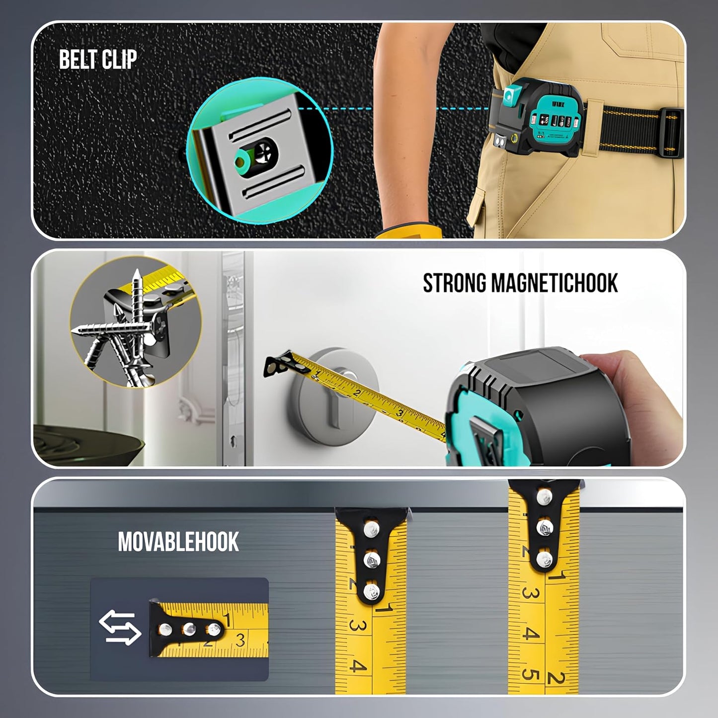 WIDX 3-in-1 Laser Tape Measure with Cross Line, 196ft Laser Rangefinder & 16ft Auto-Lock Tape Measure with Magnet, Laser Measuring Tape for in/Ft/M/Ft+n Unit, Linear/Area/Volume