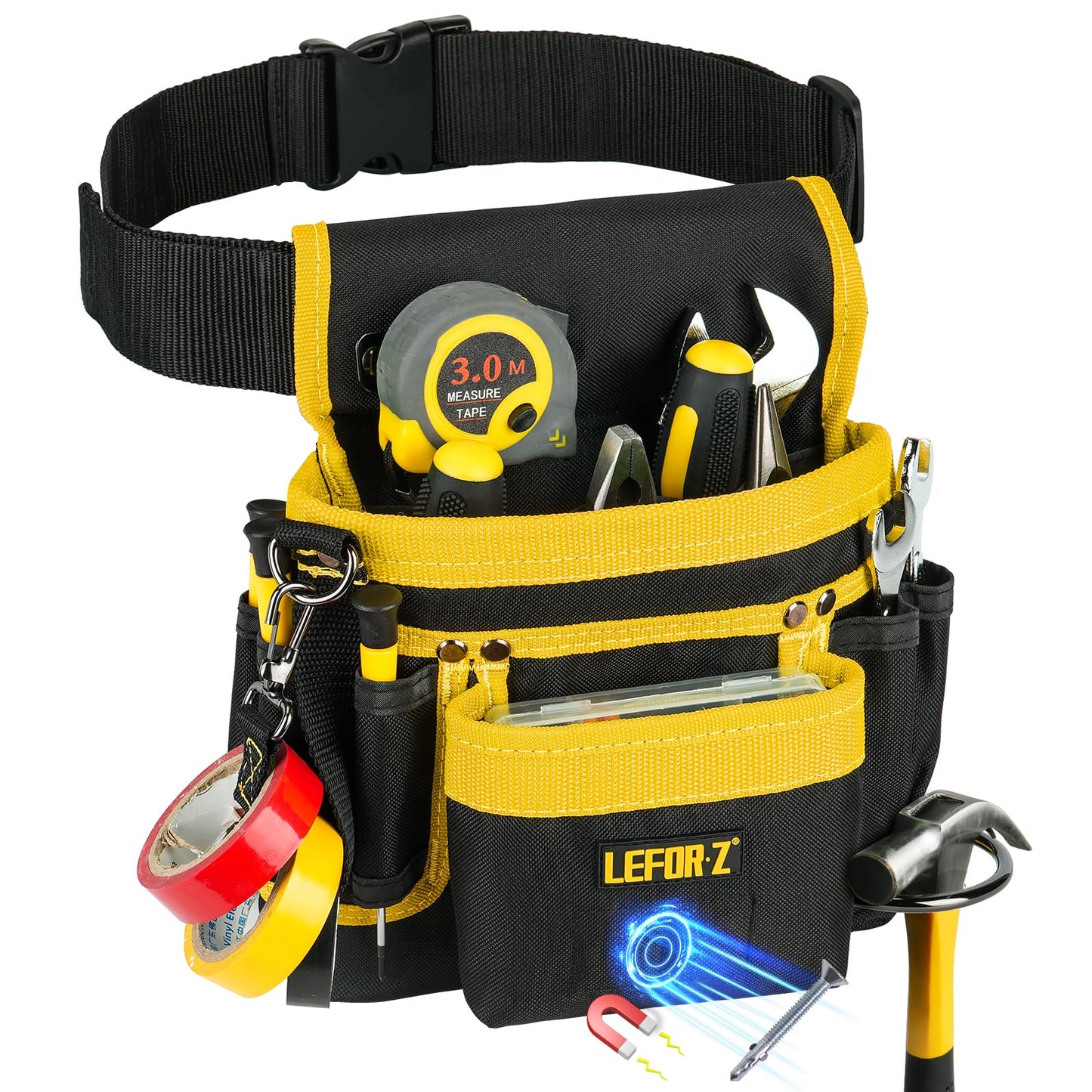Tool Belt,Magnetic Tool Pouch,14-Pockets Tool Belts for Men,Detachable & Adjustable Tool Pouch belt for Electrician,Carpenter,Construction,Work Apron,Utility Belt,Black-Yellow