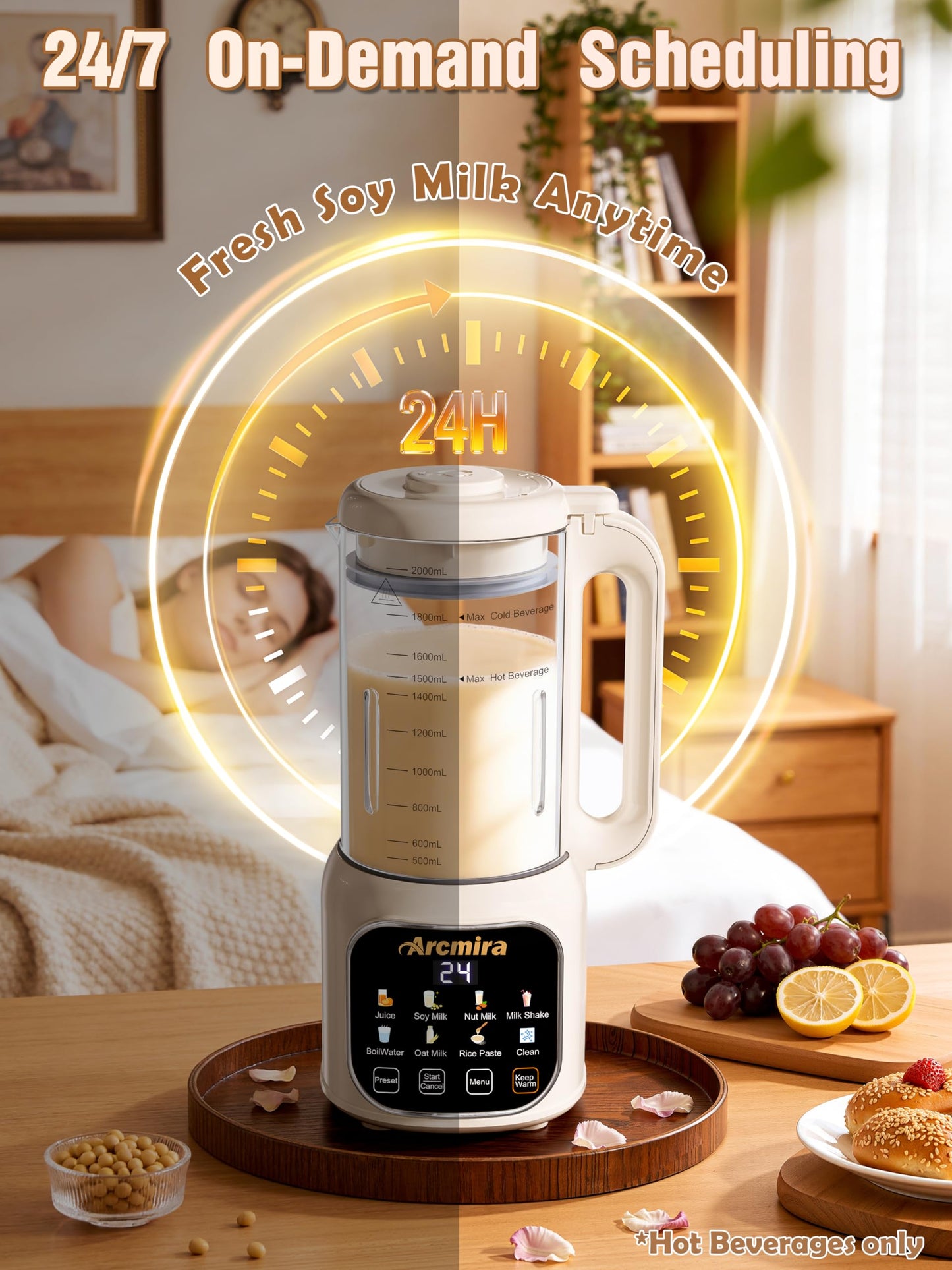 Arcmira 68oz Automatic 8-in-1 Nut Milk Maker, 10 Blades -No Soak, Self-Clean, Delay Start & Keep Warm, for Almond/Soy/Oat Milk, Juice, Boil Water, Shakes - Plant-Based Dairy Free for Family & Party