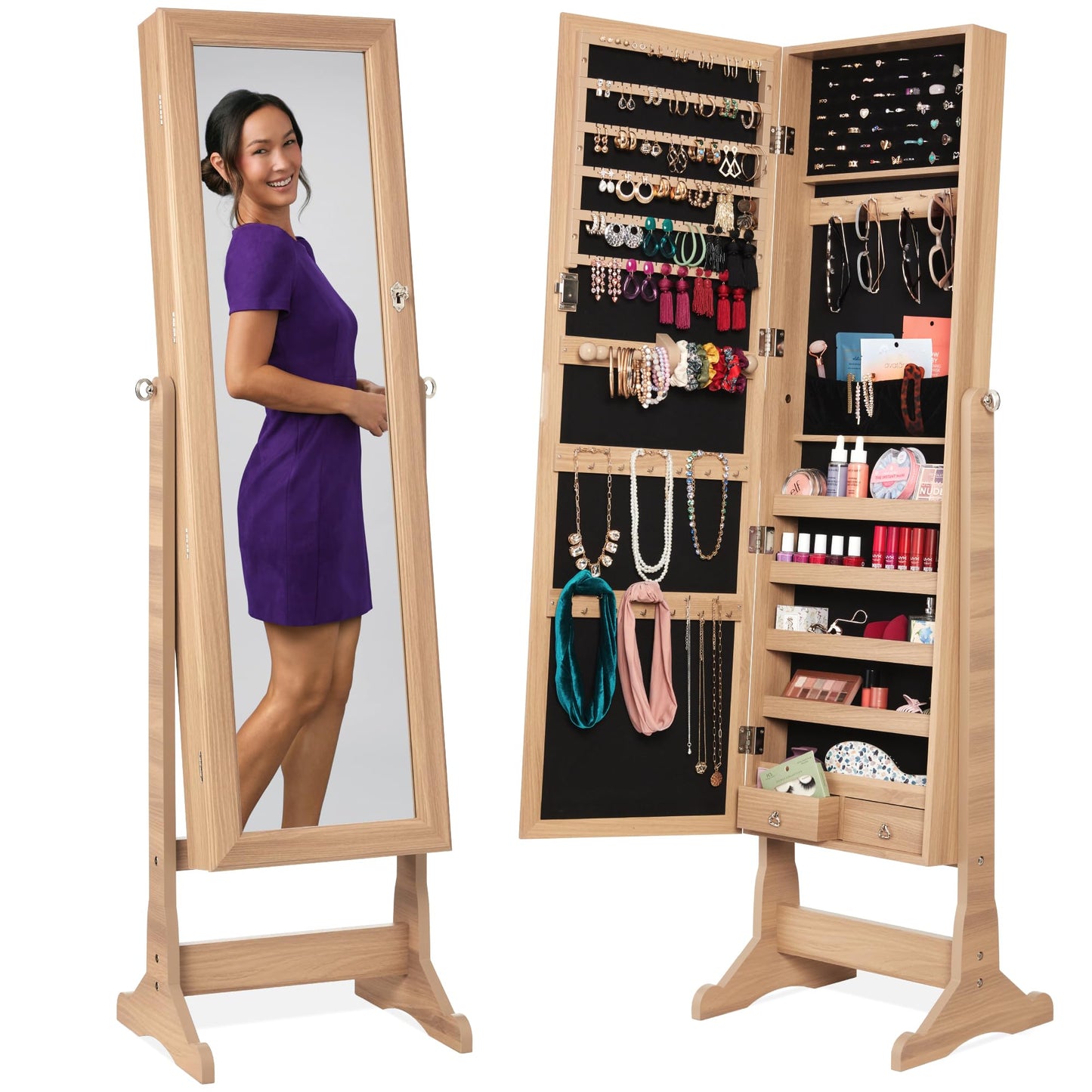 Best Choice Products Freestanding Jewelry Armoire Cabinet, Full Length Standing Mirror, Lockable Makeup Storage Organizer, w/Velvet Lining, 3 Angles, Lock, Accessory Pouch, 5 Shelves - White