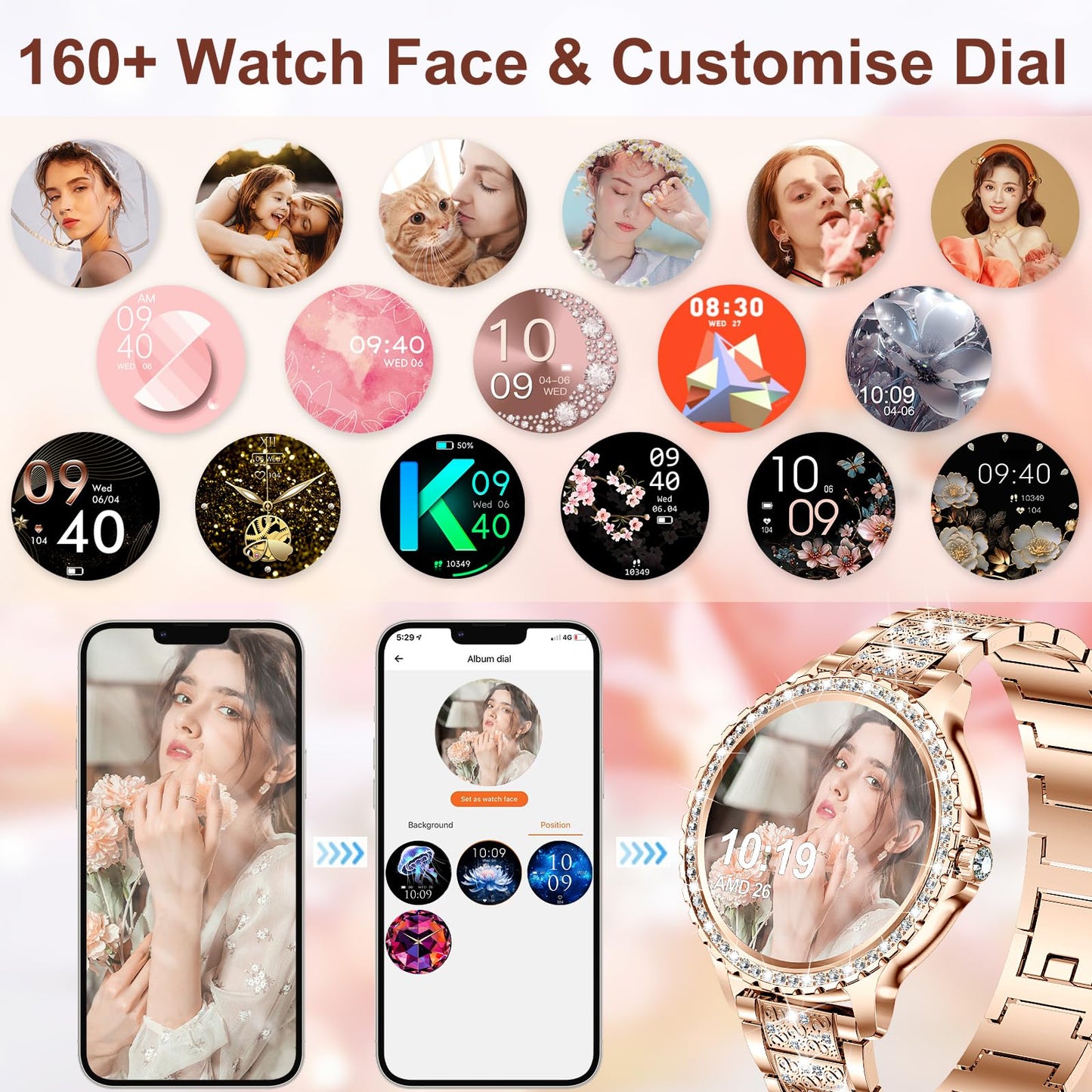 Smart Watch for Women with Diamonds (Answer/Make Call),1.32''Full Screen Smart Watch for Android /iOS,Fitness Tracker with Heart Rate/Blood Oxygen/Sleep Monitor/AI Voice Watches for Women,3 Straps