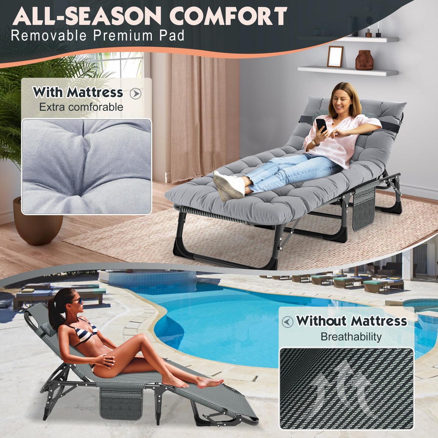 MOPHOTO Folding Lounge Chair 5-Position, Folding Cot, Portable Outdoor Chaise Lounge Chair for Sun Tanning, Perfect for Pool Beach Patio Sunbathing