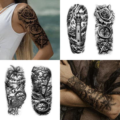 Yazhiji 36 Sheets Temporary Tattoos Stickers, 12 Sheets Fake Body Arm Chest Shoulder Tattoos for Men or Women with 24 PCS Tiny Black Tattoos