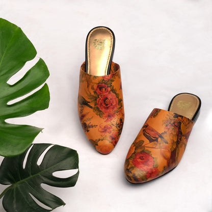 JATAREA Women's Flat Mules | Round Toe Genuine Printed Leather Slip-Ons for Any Summer Outing Shoes