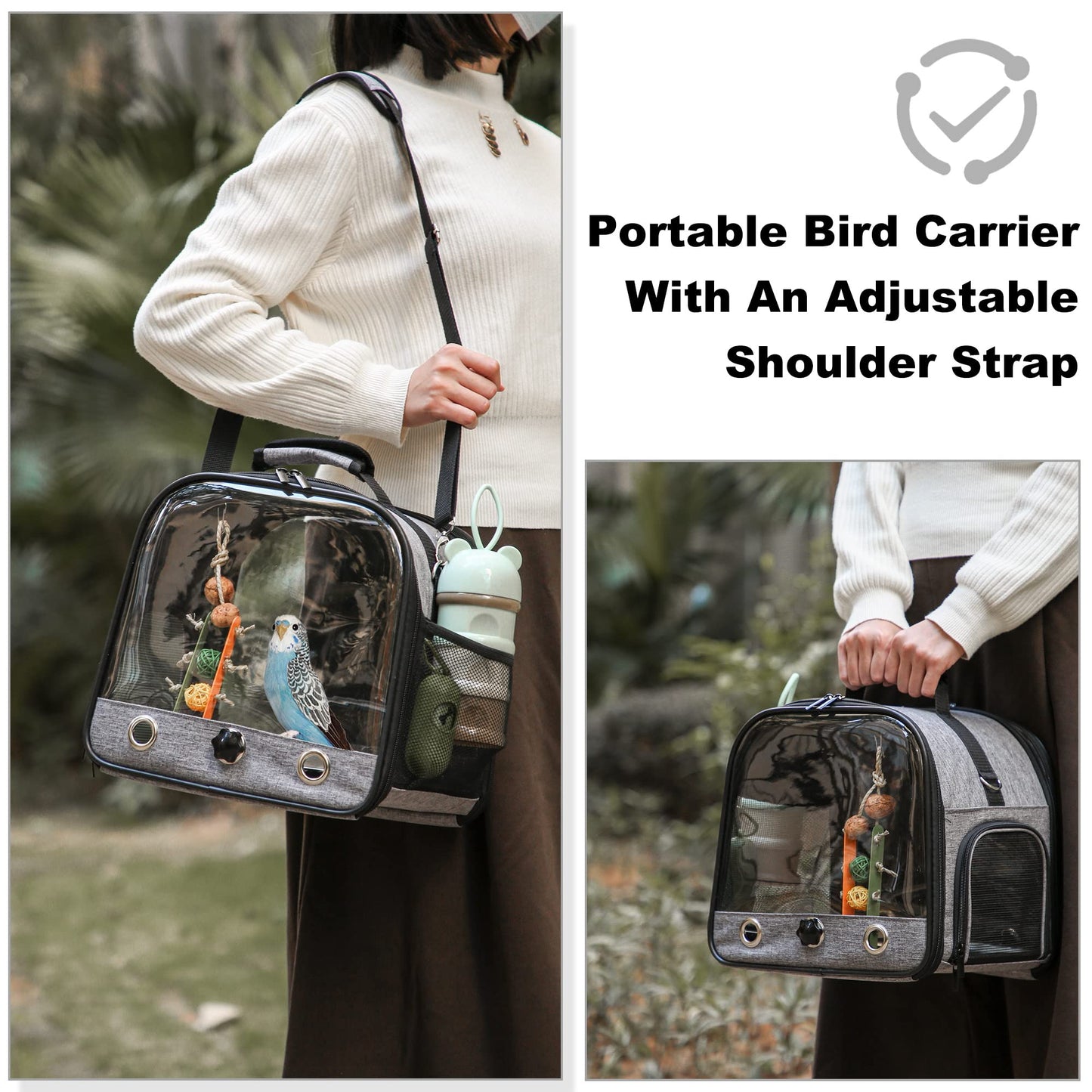 Bird Carrier Bag with Stand, Lightweight Backpack for Parrot, Portable Cockatiel Travel Cage with Accessories, Pet Transparent Breathable Carrier, Gray