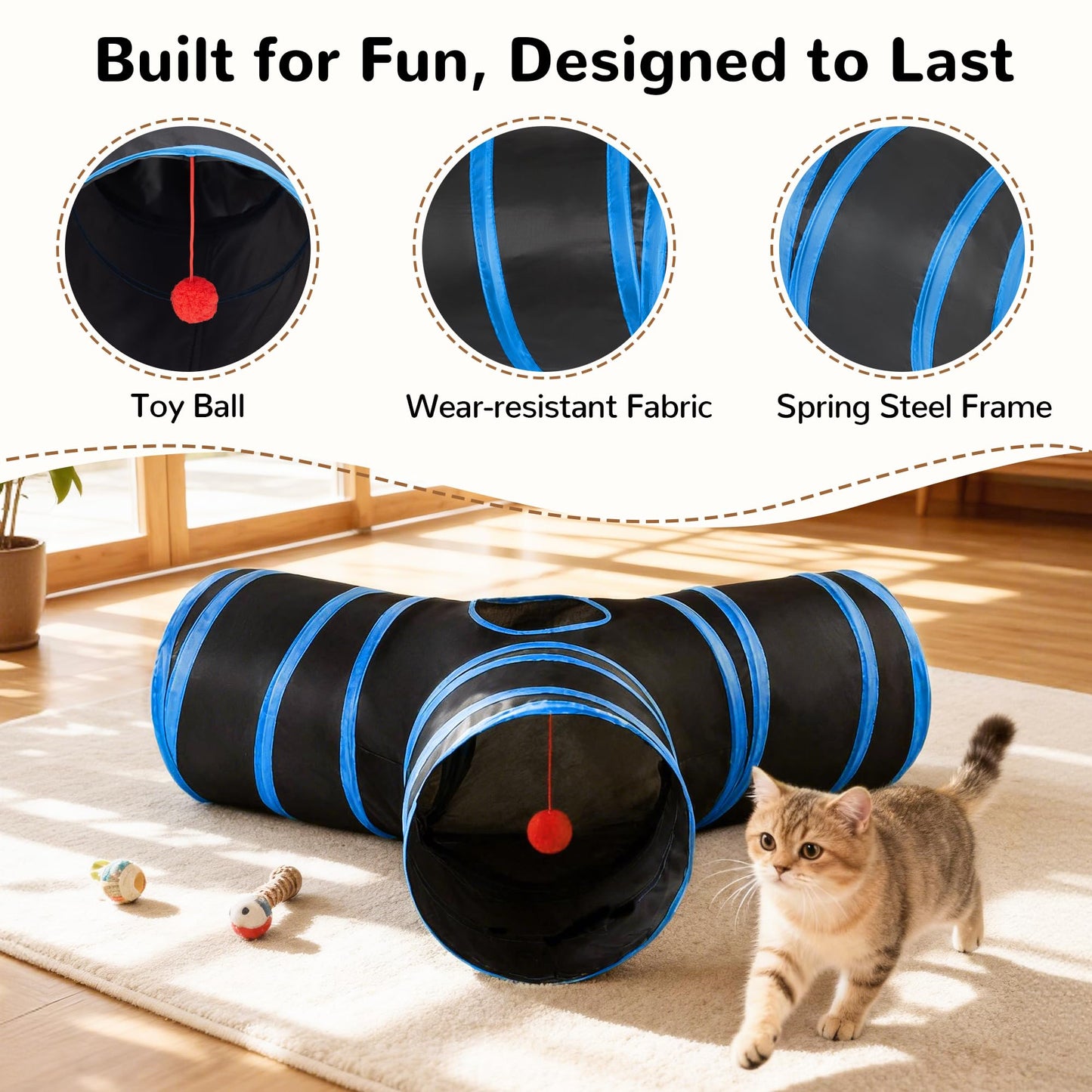 Tempcore Pet Cat Tunnel Tube Toys 3 Way Collapsible, Tunnels for Indoor Cats, Interactive Tube with Teaser Wand, Peek Holes & Hanging Ball, Black & Blue