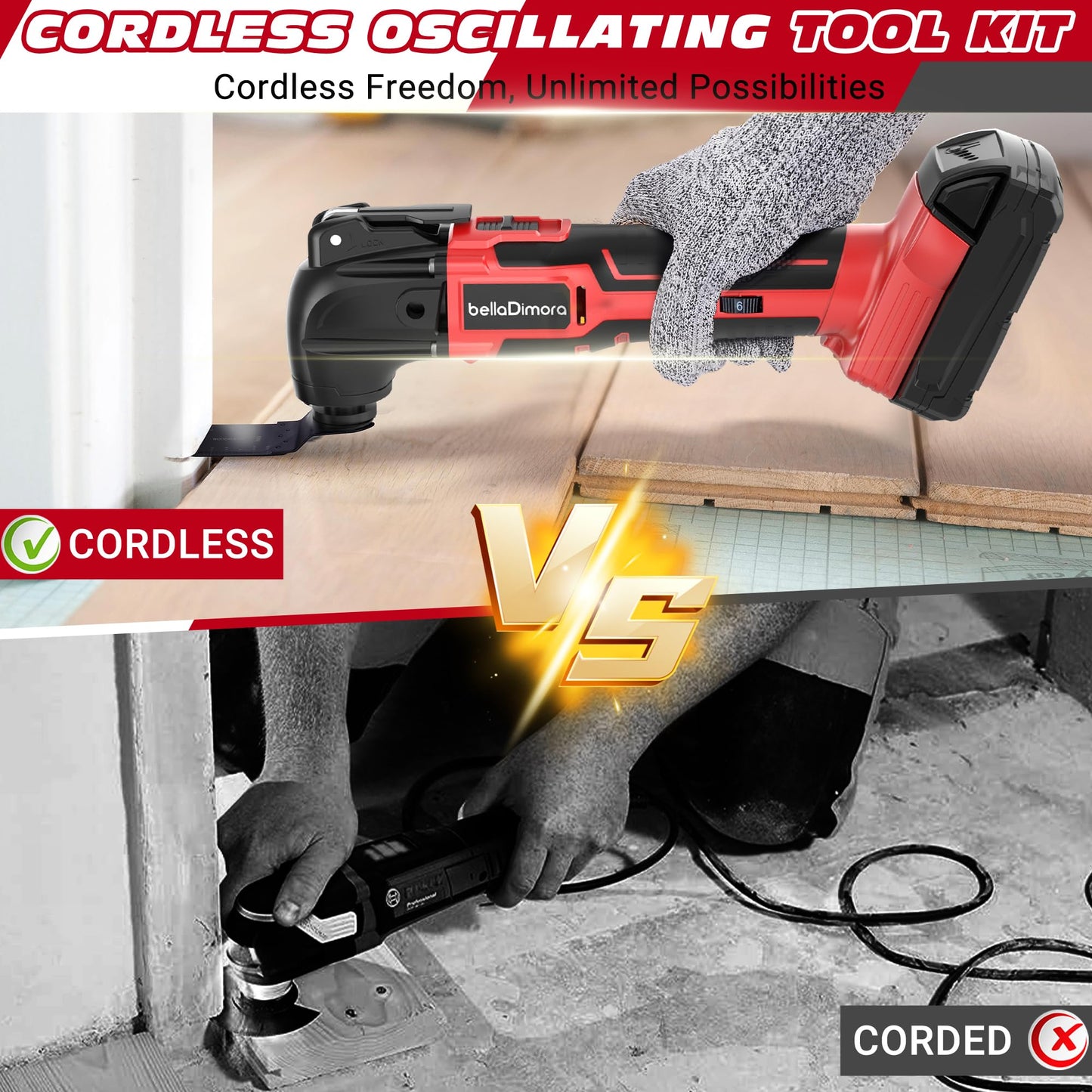 bellaDimora Oscillating Multi-Tool Compatible with DeWalt 20V MAX, 600W Brushless Motor (6000-20000 OPM), 23-Piece Accessory Kit for Cutting Sanding Scraping, Heavy-Duty Power Tool(No Battery)