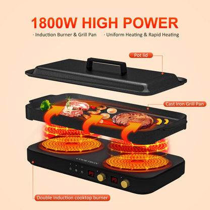 COOKTRON Double Induction Cooktop Burner with Fast Warm-Up Mode, 1800w 2 Burner with 10 Temperature 9 Power Settings, Portable Dual Induction Cooker Cooktop with Child Safety Lock & Time
