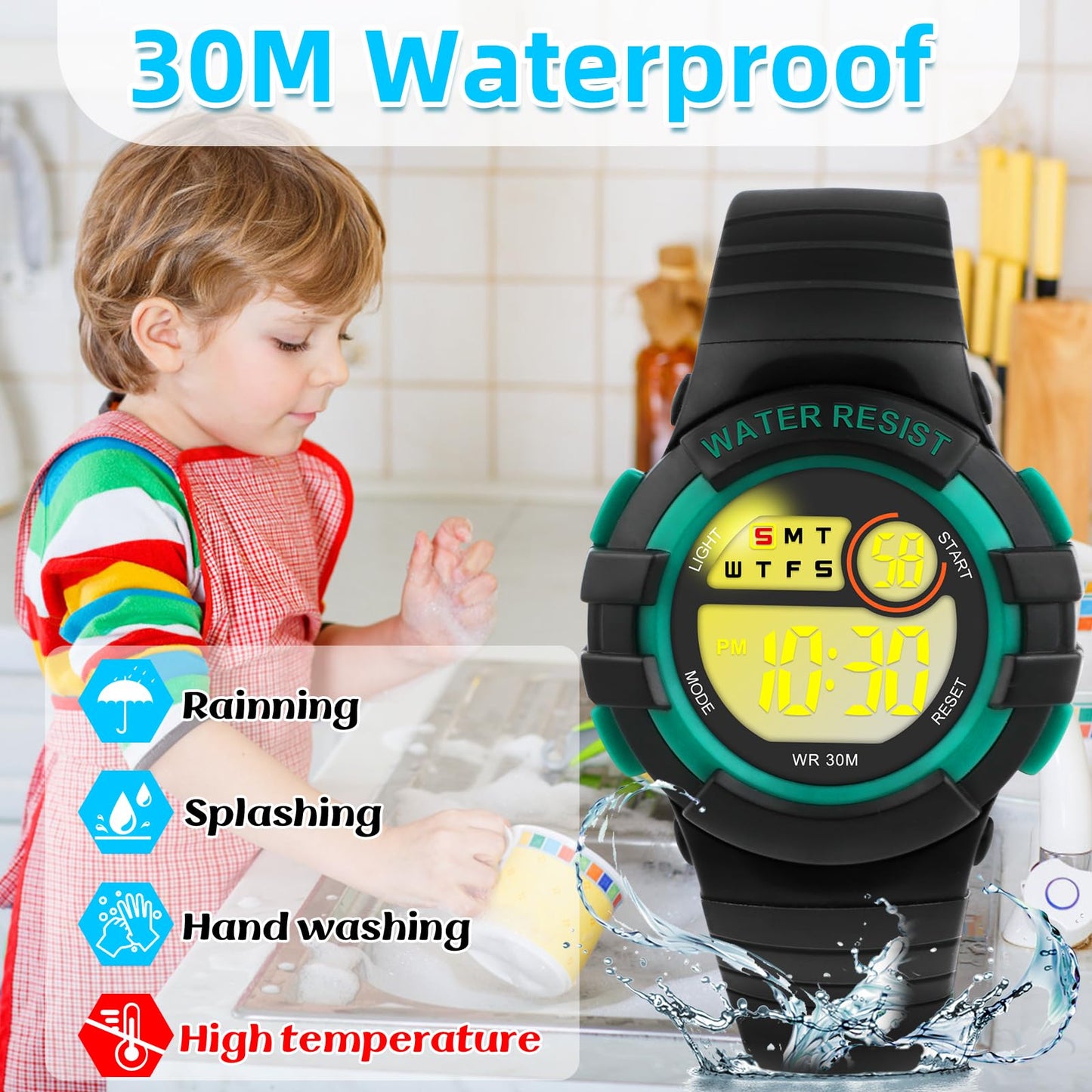 DTKID Digital Kids Watch 30 M Waterproof, 7 Color Lights Time Teaching Watch Easy to Read for Girls Boys 5-16