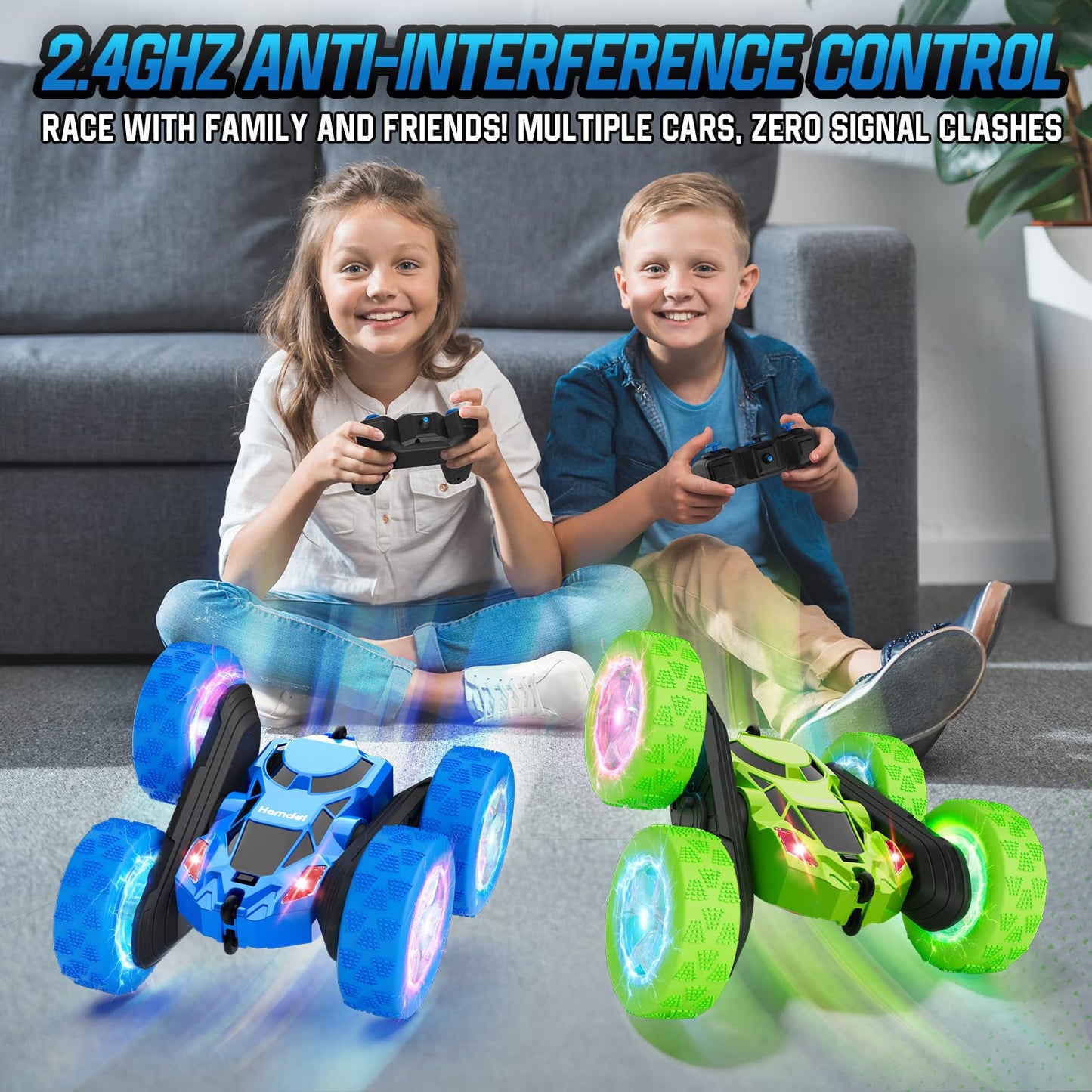 Hamdol Remote Control Car for Kids, 360° Rotating Double-Sided RC Car with LED Headlights, 4WD 2.4GHz Electric Rechargeable Toy Vehicle for Boys and Girls, Perfect Birthday