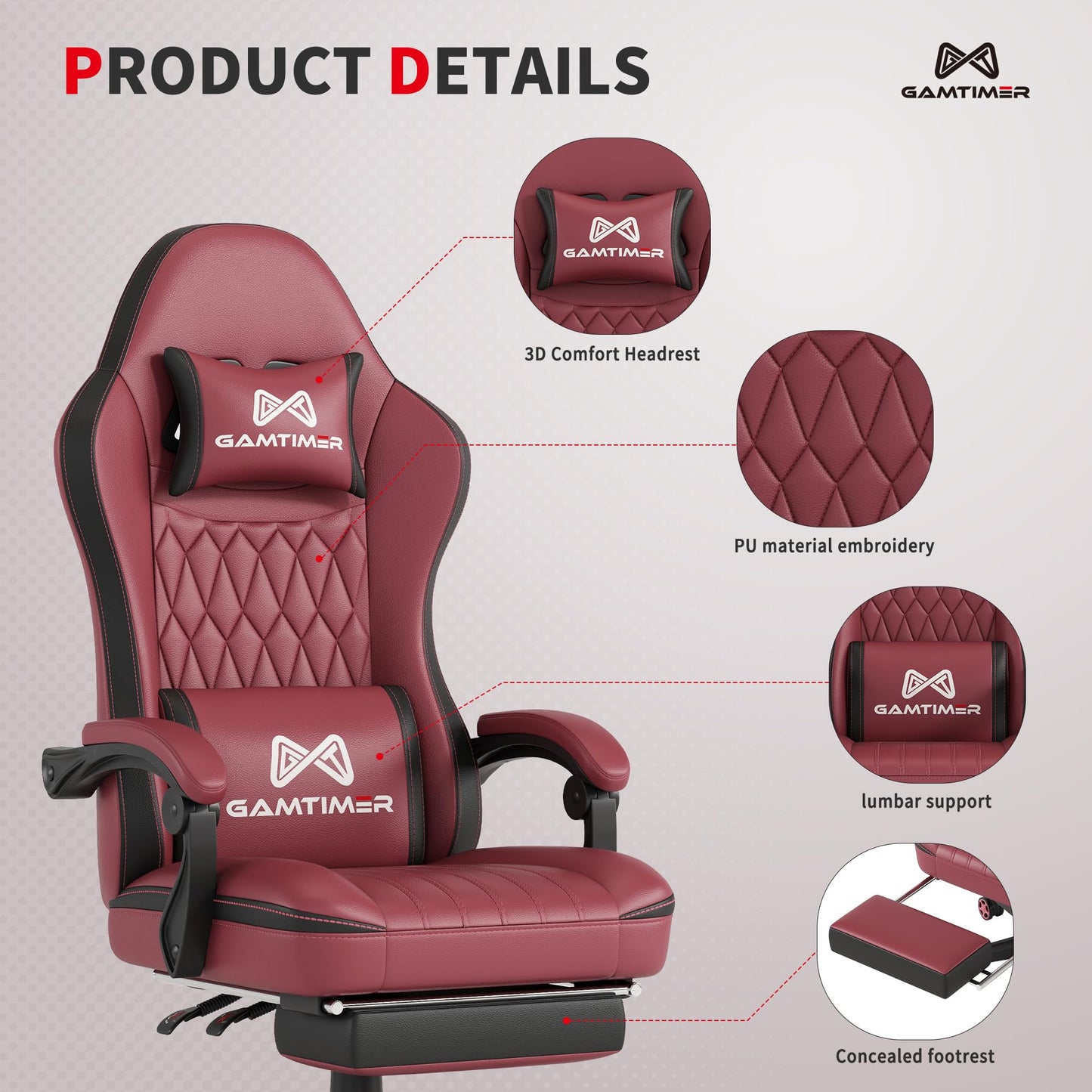 Gamtimer Gaming Chair with Footrest, Ergonomic Computer Chair, PU Breathable Material with Headrest and Lumbar Support, Suitable for Silla Gamer and Adults（Grey）