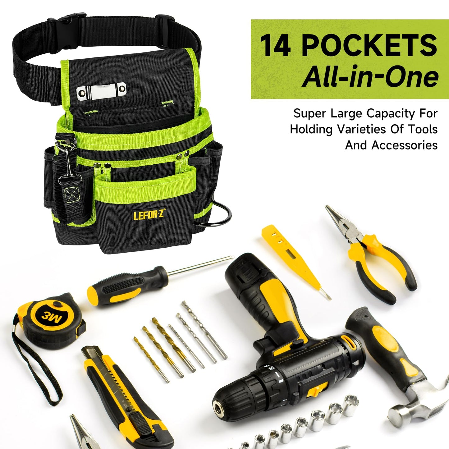 Tool Belt,Magnetic Tool Pouch,14-Pockets Tool Belts for Men,Detachable & Adjustable Tool Pouch belt for Electrician,Carpenter,Construction,Work Apron,Utility Belt,Black-Yellow