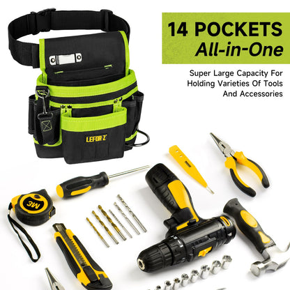 Tool Belt,Magnetic Tool Pouch,14-Pockets Tool Belts for Men,Detachable & Adjustable Tool Pouch belt for Electrician,Carpenter,Construction,Work Apron,Utility Belt,Black-Yellow