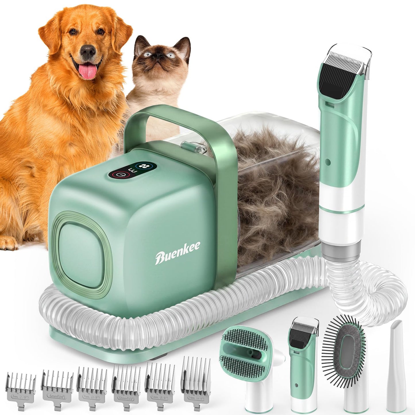 Buenkee Dog Grooming Vacuum Kit, 15000Pa Clipper, Shedding Brush, 2L, White | Brush, trim and deshed at home with less flying fur, mess-control suction and fewer emptying breaks during longer sessions
