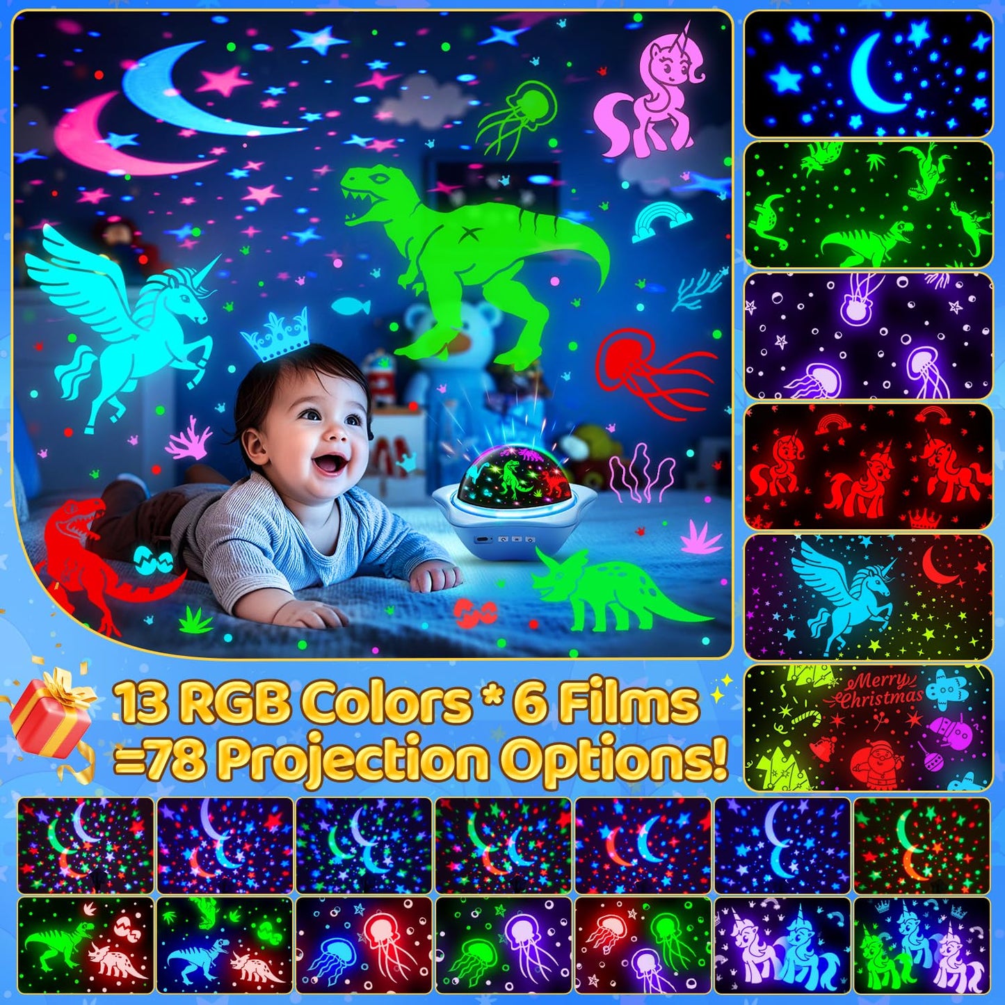 One Fire Girls Toys for Girl Gifts, 6 Films Light Projector Unicorn Toys for Girls Age 4-6, Rechargeable Night Lights for Bedroom, 360° Rotating Decor Mermaid Gifts Princess Baby Toddler Toys