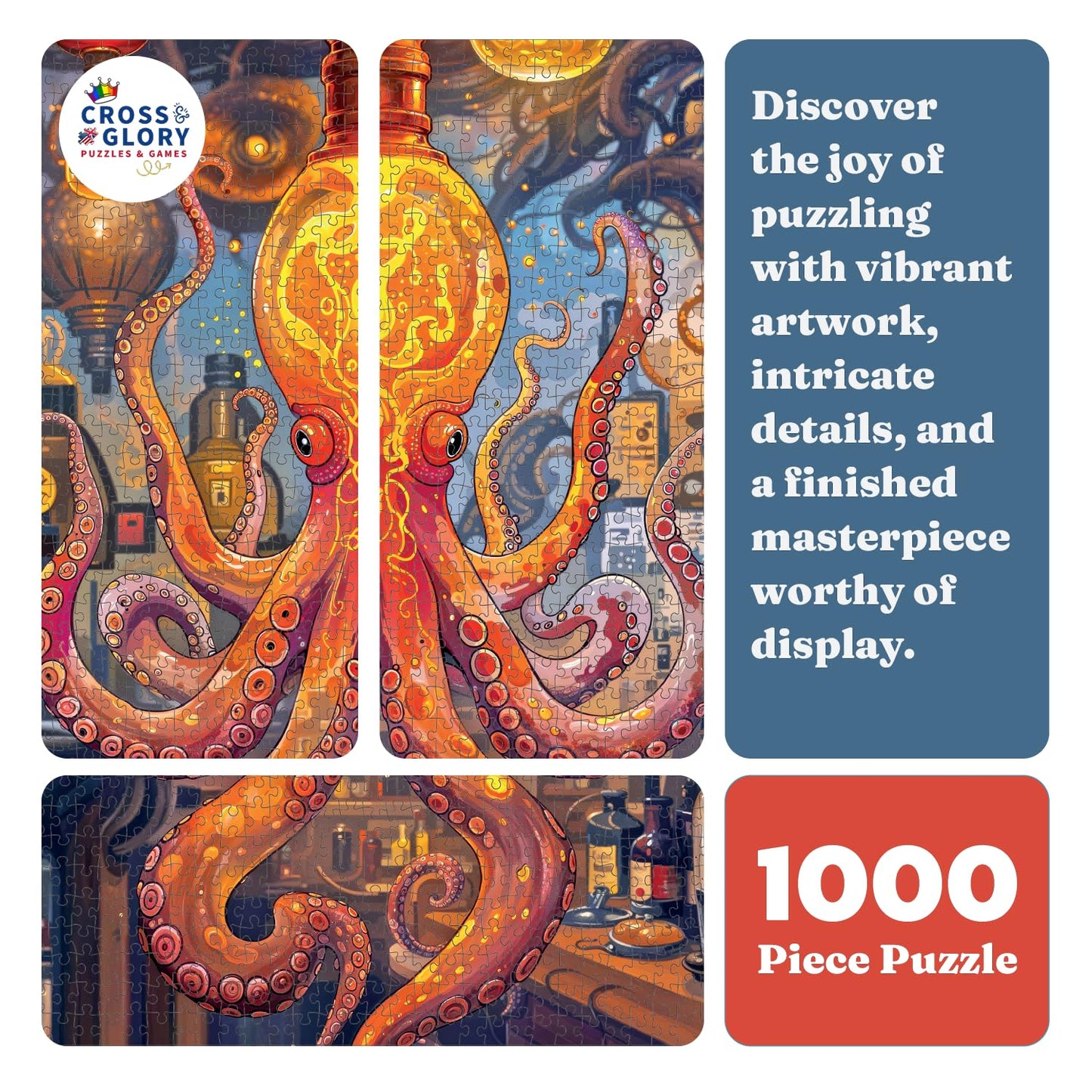 Cross & Glory | Jigsaw Puzzles 1000 Pieces for Adults | Deep Blue Octopus Odyssey | Ocean Octopus Puzzles for Adults | Challenging Brain Teaser Ocean Puzzle | 20 x 27 Inches