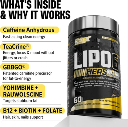 Lipo-6 Black Hers Ultra Concentrate | Weight Loss Pills for Women | Fat Burner, Appetite Suppressant, Metabolism Booster for Weight Loss + Hair, Skin, & Nails Support | 60 Diet Pills