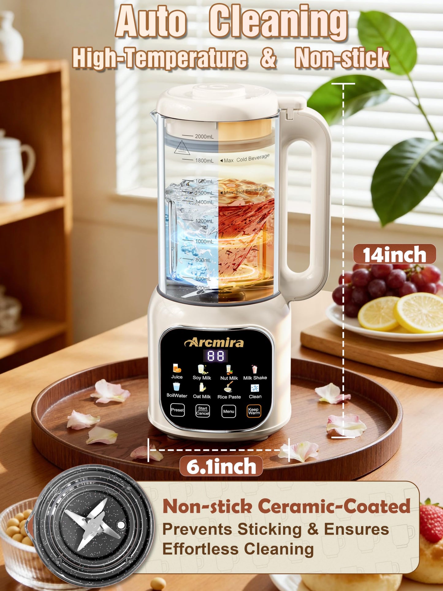 Arcmira 68oz Automatic 8-in-1 Nut Milk Maker, 10 Blades -No Soak, Self-Clean, Delay Start & Keep Warm, for Almond/Soy/Oat Milk, Juice, Boil Water, Shakes - Plant-Based Dairy Free for Family & Party