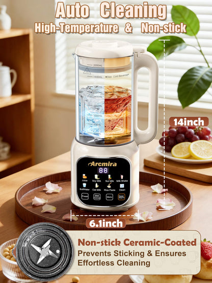 Arcmira 68oz Automatic 8-in-1 Nut Milk Maker, 10 Blades -No Soak, Self-Clean, Delay Start & Keep Warm, for Almond/Soy/Oat Milk, Juice, Boil Water, Shakes - Plant-Based Dairy Free for Family & Party