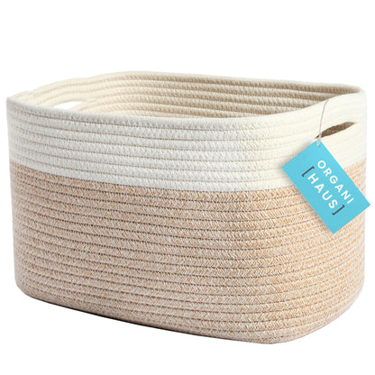 Light Honey Cotton Rope Baskets for Shelves, Set of 3 - 15"×10"×9½" - Woven Storage Baskets for Organizing - Closet, Nursery, Bedroom, Playroom - Toys, Books, Towels, Clothes