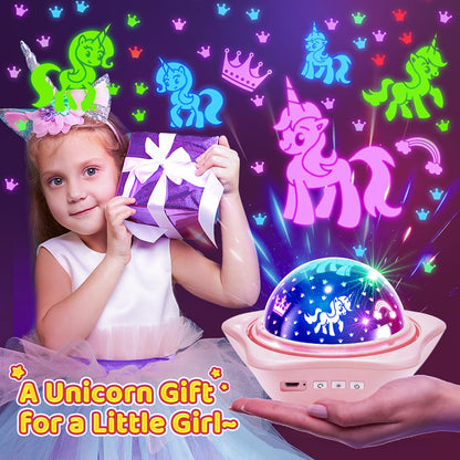 One Fire Girls Toys for Girl Gifts, 6 Films Light Projector Unicorn Toys for Girls Age 4-6, Rechargeable Night Lights for Bedroom, 360° Rotating Decor Mermaid Gifts Princess Baby Toddler Toys
