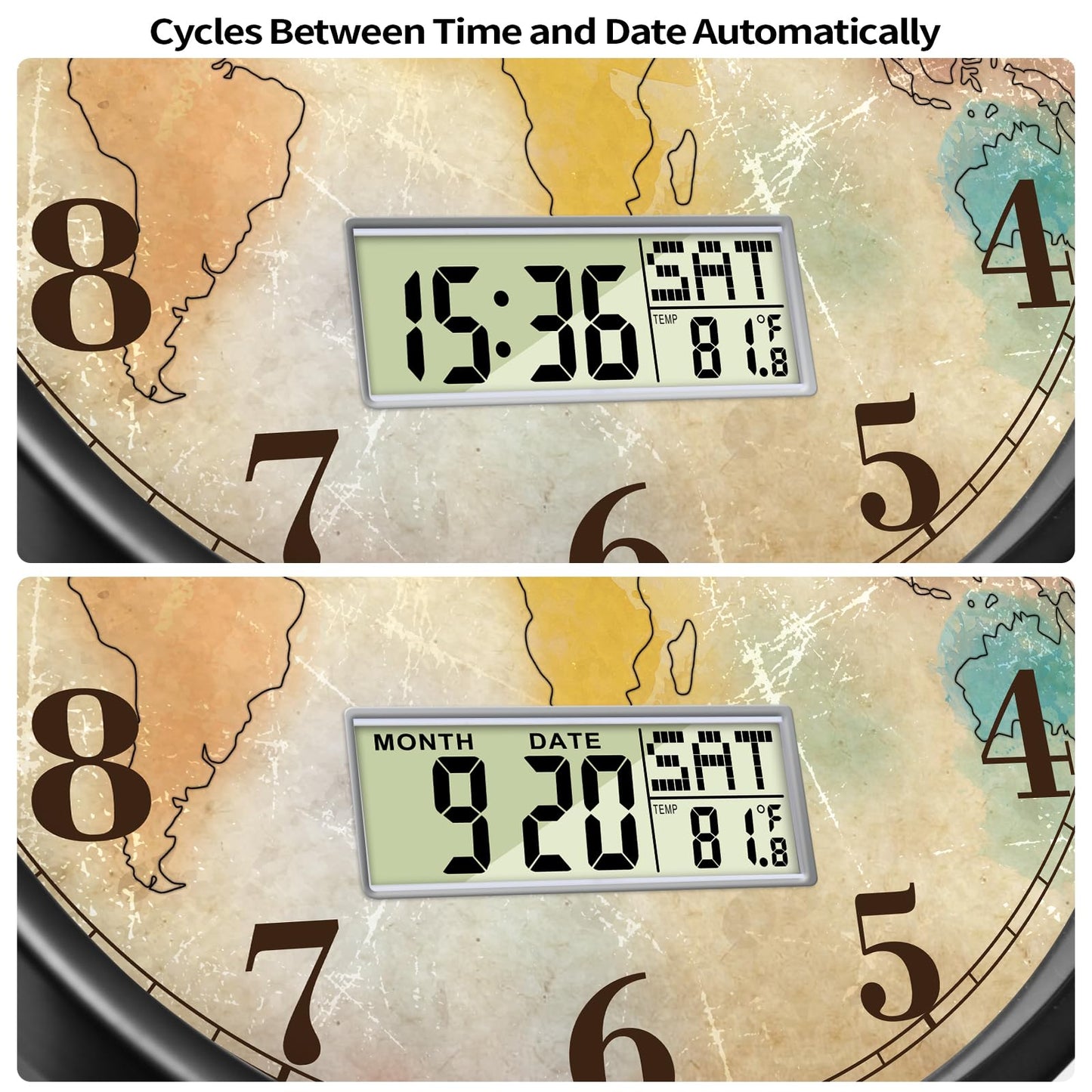 Wilderness Sunset Wall Clock, 12 Inch Silent Non-Ticking Battery Operated Analog Clock with LCD Date Day Temp Display, Decorative for Living Room, Bedroom, Kitchen, Office, Farmhouse, Cabin