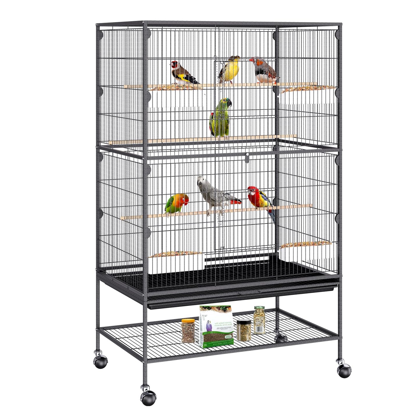 VEVOR Bird Cage, 24.6 x 16.7 x 53.9 inch, Flat Top, Wrought Iron Bird Flight Cage with Perches, Slide-Out Tray and Plastic Feeders, Casters, for Parrot, Blue Tit, Cockatiel, Canary, Budgerigar, Conure