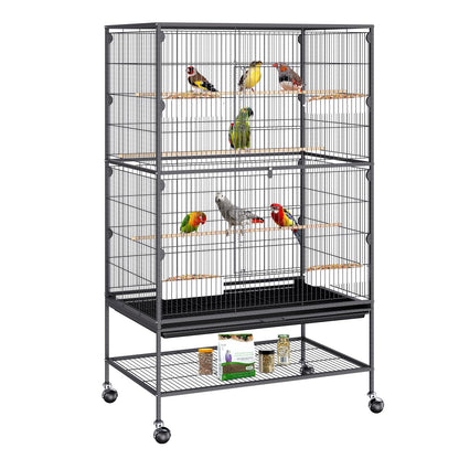 VEVOR Bird Cage, 24.6 x 16.7 x 53.9 inch, Flat Top, Wrought Iron Bird Flight Cage with Perches, Slide-Out Tray and Plastic Feeders, Casters, for Parrot, Blue Tit, Cockatiel, Canary, Budgerigar, Conure