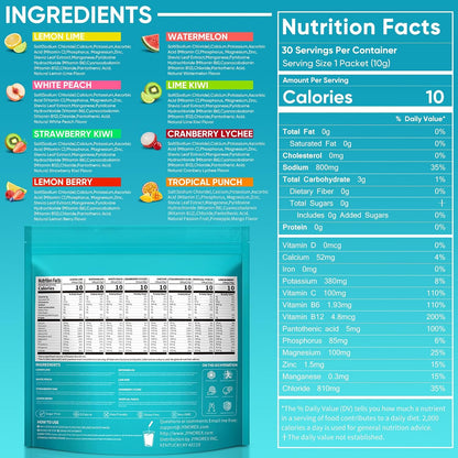 Electrolytes Powder Packets Sugar Free, 30 Sticks High Sodium Hydration Packets, Electrolyte Drink Mix with Lemon Lime Watermelon Peach Berry Kiwi Tropical Punch Lychee Cranberry, 10.5OZ