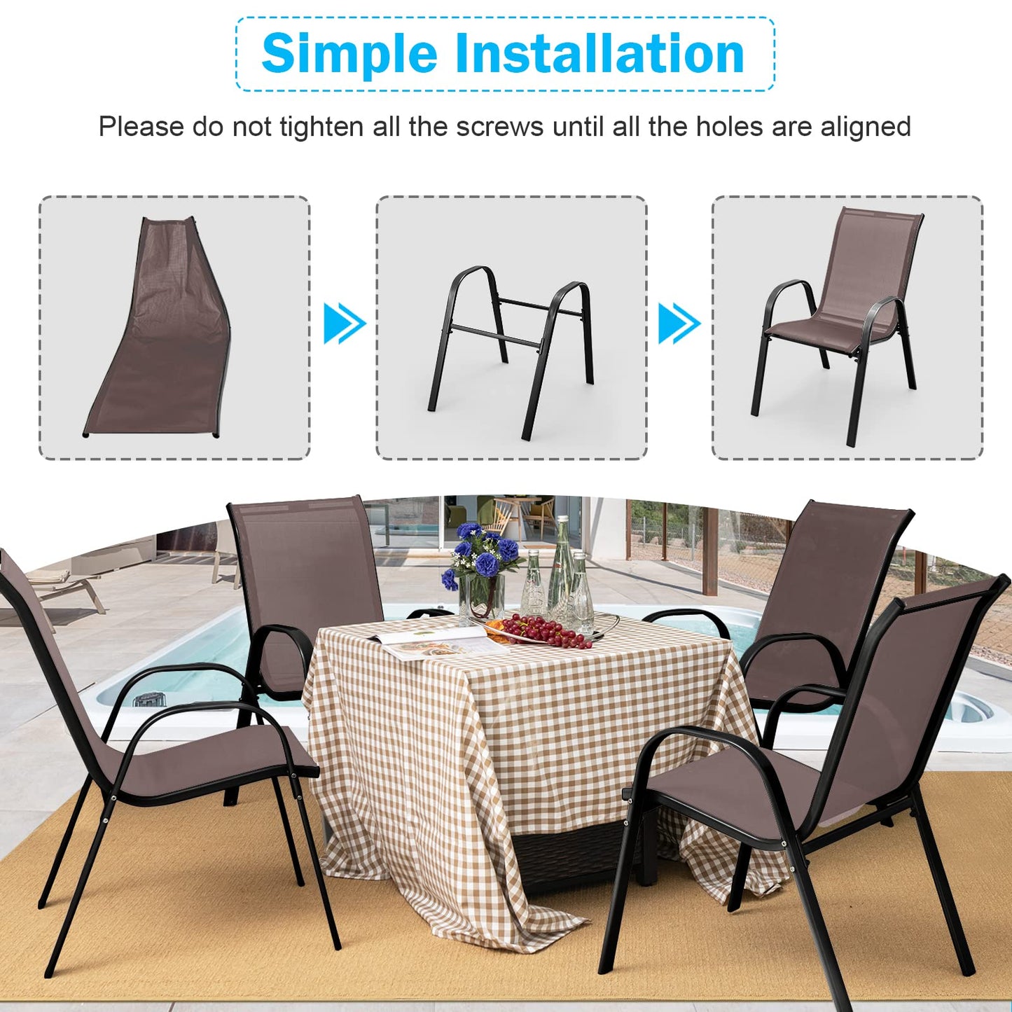 Tangkula Patio Dining Chairs Set of 4, Outdoor Stackable All Weather Heavy Duty Dining Chairs Set with Armrests, Support 330 LBS, for Poolside, Backyard, Garden, Deck, Front Porch (Brown)