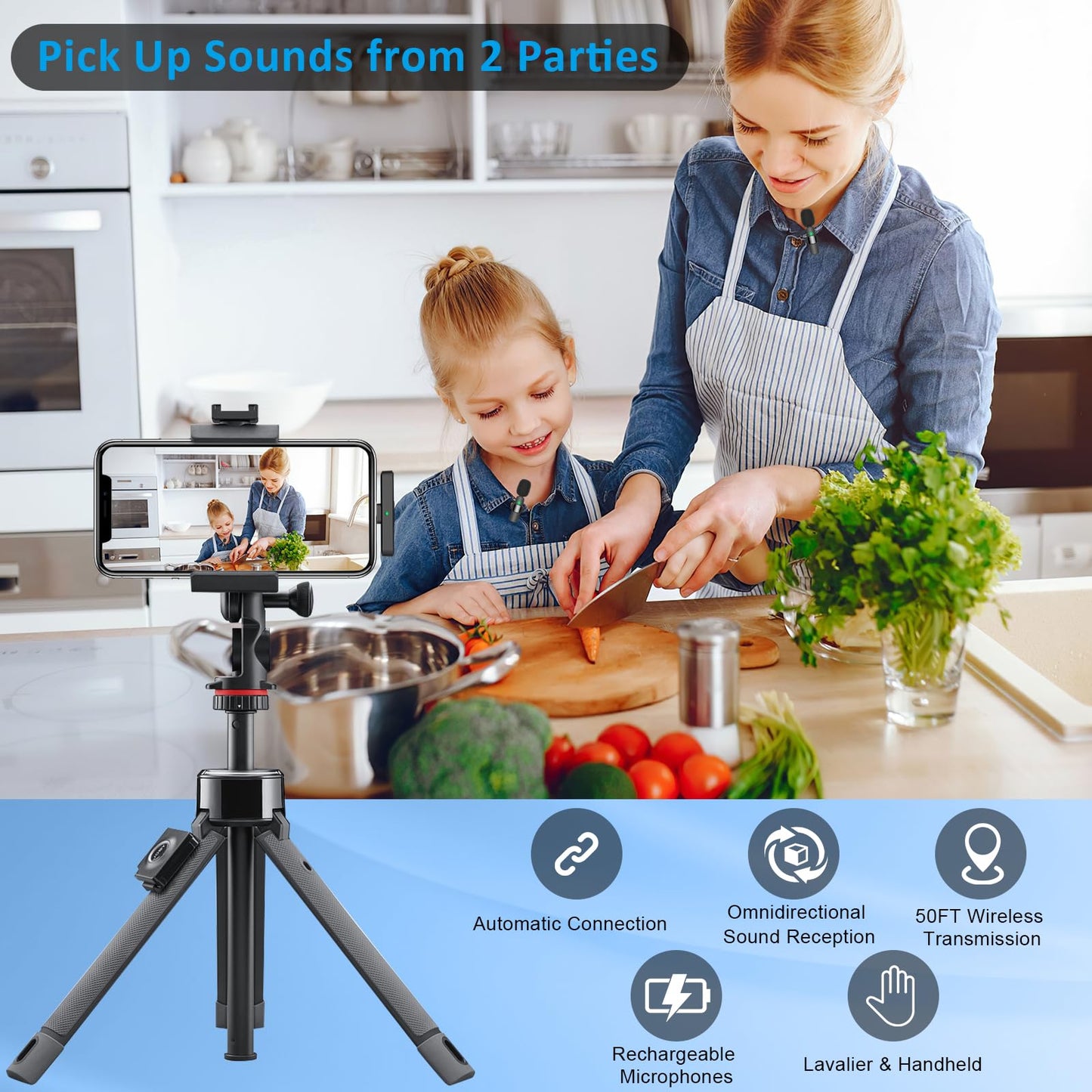 MAYBESTA Wireless Mini Microphone for iPhone, Android Phone - 2 Pack Lavalier Lapel Mic for Audio Video Recording - Clip on Content Creator Microphones for YouTube Tiktok Podcast Vlogging