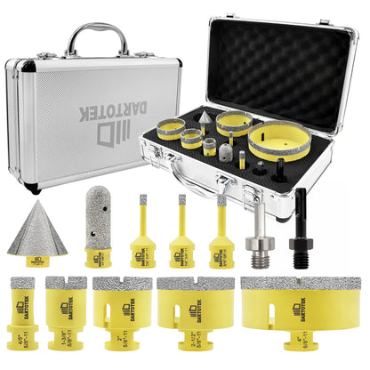Diamond Core Drill Bits Set for Tile, DARTOTEK 10PCS Porcelain Hole Saw Kit with Aluminum Case, (6/6/8/20/35/50/65mm+2" Chamfer bit +SDS Adapter, Dry/Wet Drilling for Ceramic, Granite & Marble