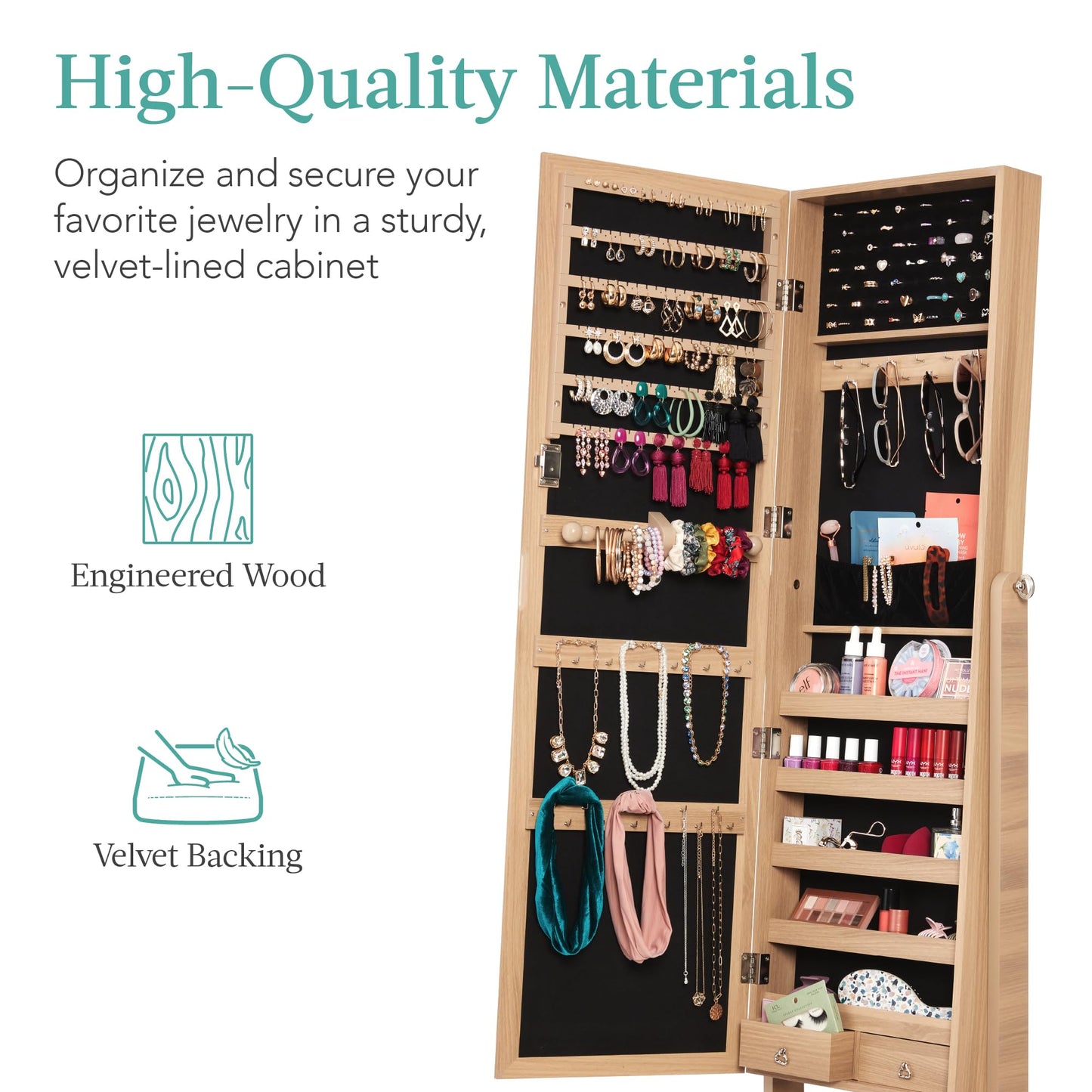 Best Choice Products Freestanding Jewelry Armoire Cabinet, Full Length Standing Mirror, Lockable Makeup Storage Organizer, w/Velvet Lining, 3 Angles, Lock, Accessory Pouch, 5 Shelves - White