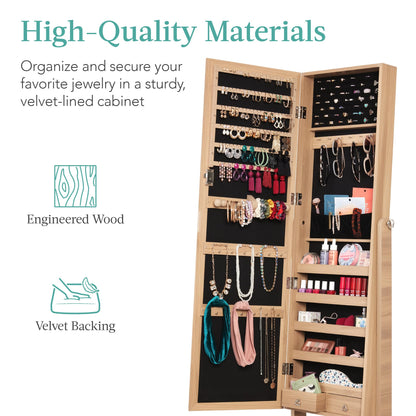 Best Choice Products Freestanding Jewelry Armoire Cabinet, Full Length Standing Mirror, Lockable Makeup Storage Organizer, w/Velvet Lining, 3 Angles, Lock, Accessory Pouch, 5 Shelves - White