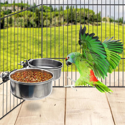 PINVNBY Parrot Feeding Cups Birds Food Dish Stainless Steel Parrot Feeders Water Cage Bowls with Clamp Holder for Cockatiel Conure Budgies Parakeet Parrot Macaw Small Animal Chinchilla Pack of 2