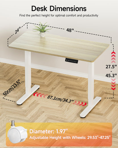Okin Small Electric Standing Desk, 36" x 24" Whole Piece Height Adjustable Desk, Oak Sit to Stand Computer Workstation with Wheels for Home Office