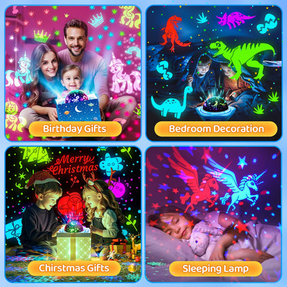 One Fire Girls Toys for Girl Gifts, 6 Films Light Projector Unicorn Toys for Girls Age 4-6, Rechargeable Night Lights for Bedroom, 360° Rotating Decor Mermaid Gifts Princess Baby Toddler Toys