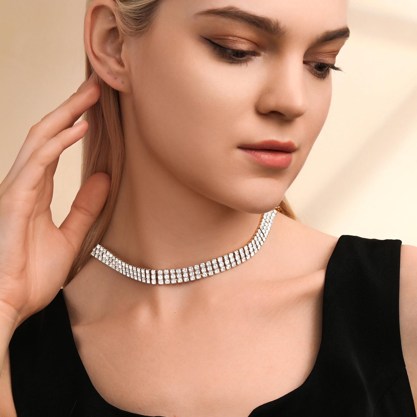Zealmer 3 Row Rhinestone Choker Necklace for Women 18K Gold Plated