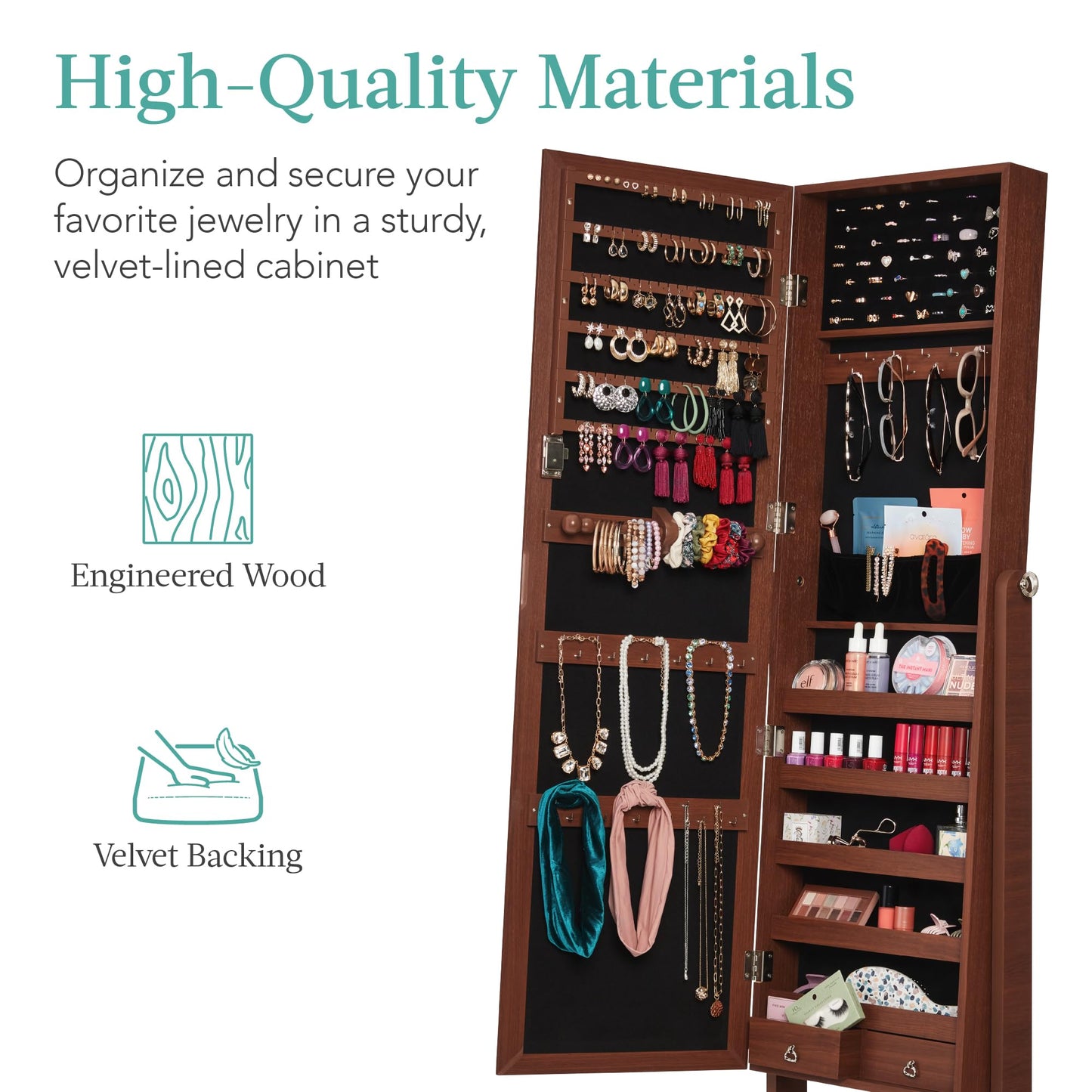 Best Choice Products Freestanding Jewelry Armoire Cabinet, Full Length Standing Mirror, Lockable Makeup Storage Organizer, w/Velvet Lining, 3 Angles, Lock, Accessory Pouch, 5 Shelves - White