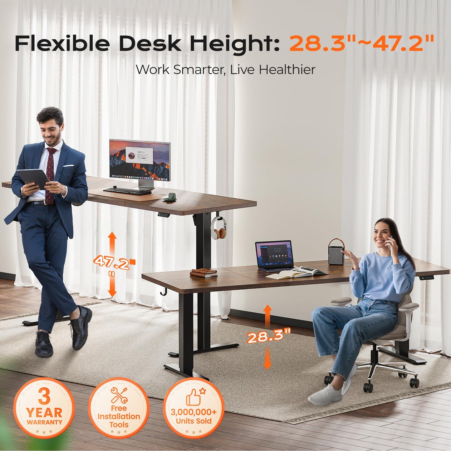 Huuger 55 x 28 Large Electric Standing Desk, Height Adjustable Computer Desk, 27.6" Deep Desktop, Stand up Gaming Office Table with 2 Hooks, 3 Preset Heights, for Home Office, Black