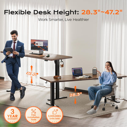 Huuger 55 x 28 Large Electric Standing Desk, Height Adjustable Computer Desk, 27.6" Deep Desktop, Stand up Gaming Office Table with 2 Hooks, 3 Preset Heights, for Home Office, Black