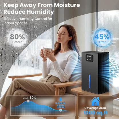 Dehumidifier, 1000 sq.ft Quiet Dehumidifiers for Home Bedroom Basement Bathroom with 95oz Water Tank, Sleep Mode Auto Shut-Off 7 Colors LED Light, Black