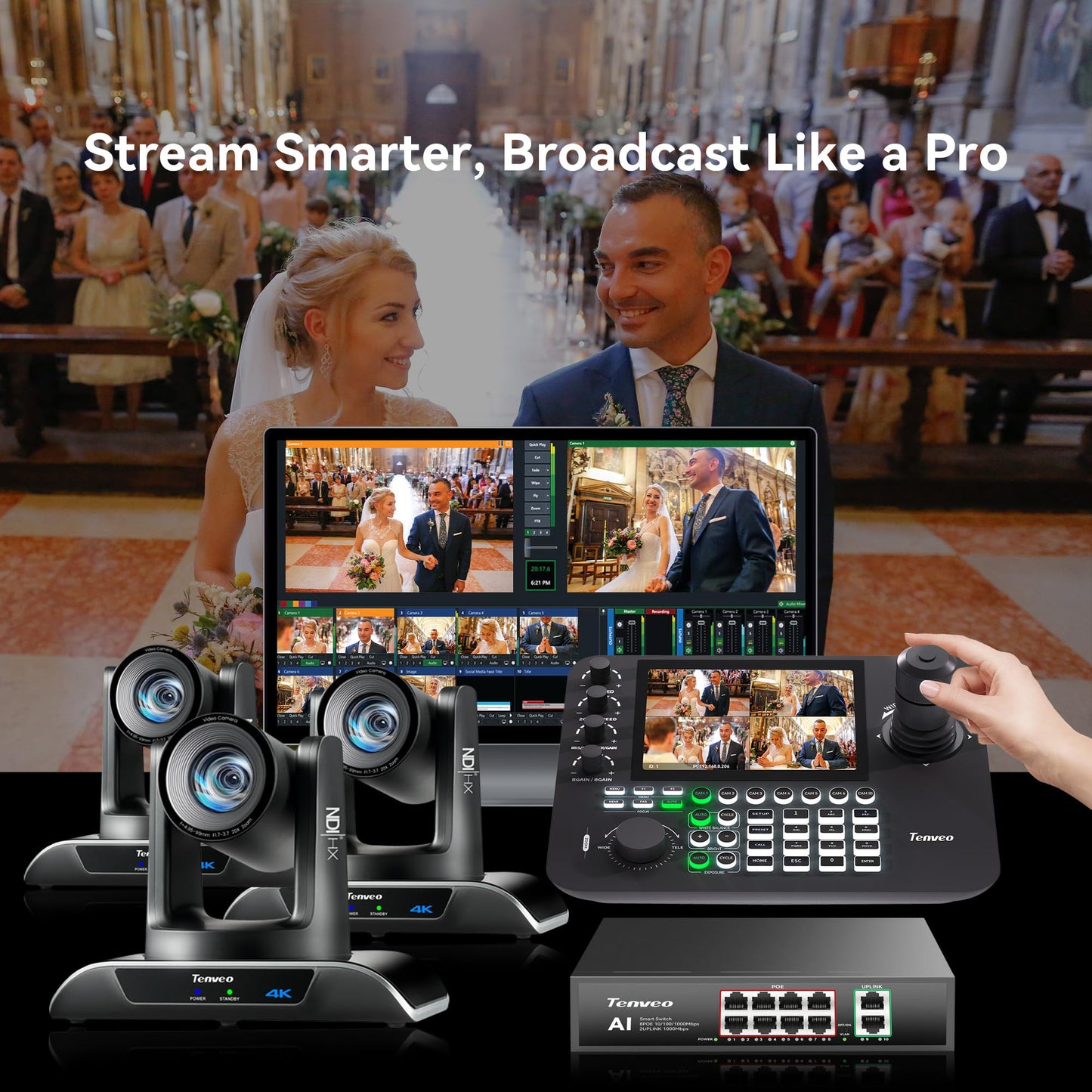 Tenveo 4K NDI PTZ Camera AI Humanoid & Face Auto-Tracking, HDMI/LAN/USB3.0 PoE PTZ Camera 20X Optical Zoom IP Live Streaming, for Church Services Worship Video Conference Live Streaming YouTube OBS