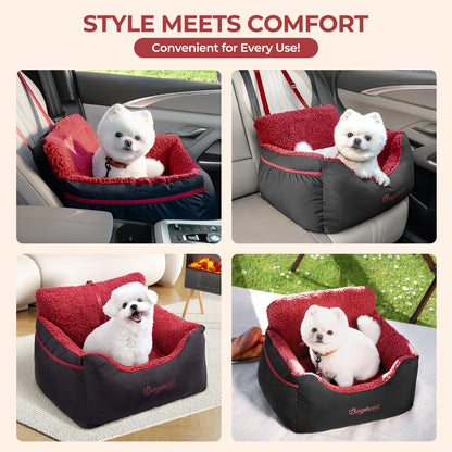 BurgeonNest Dog Car Seat for Small Dogs, Soft Pet Car Travel Home Bed Under 25 lbs, Fully Detachable and Washable Cat Booster Carseats with Storage Pockets and Clip-On Leash Portable Carrier,Black