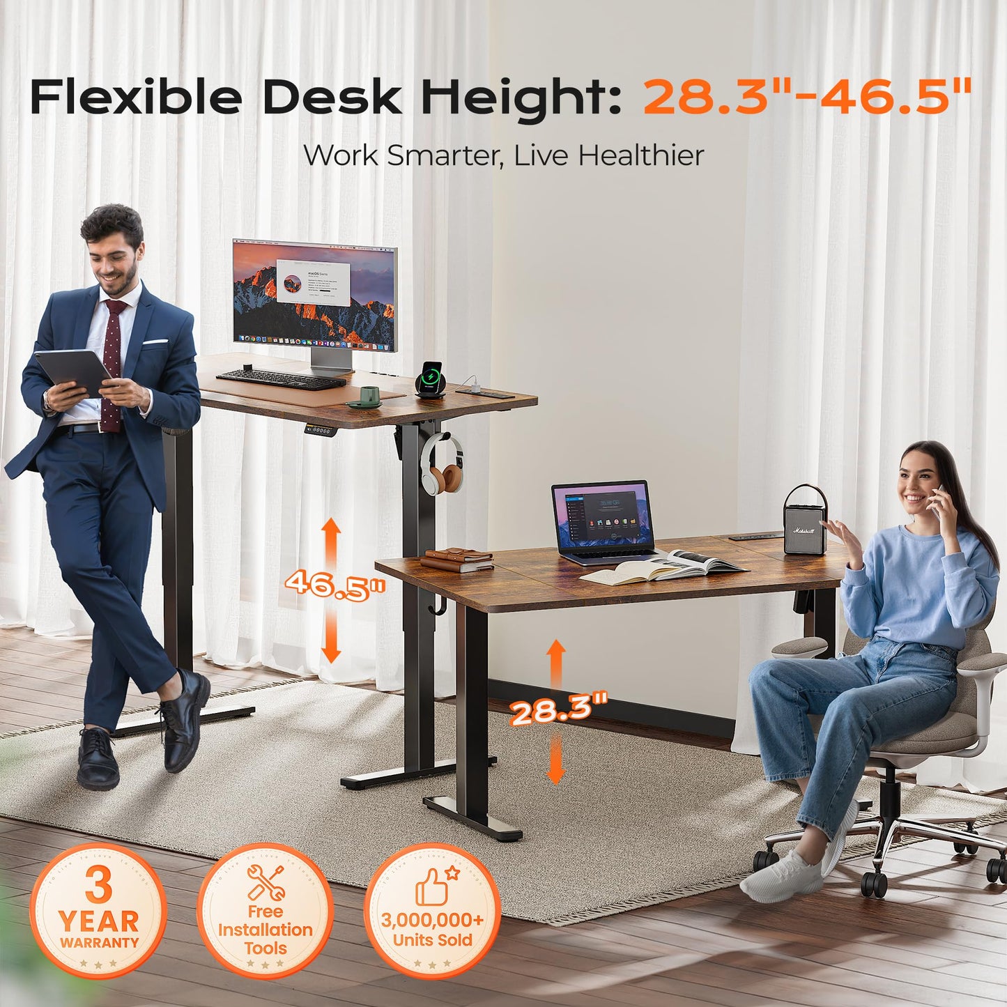 Huuger 55 x 28 Large Electric Standing Desk, Height Adjustable Computer Desk, 27.6" Deep Desktop, Stand up Gaming Office Table with 2 Hooks, 3 Preset Heights, for Home Office, Black