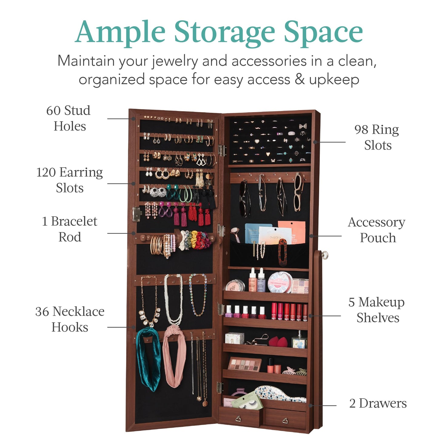 Best Choice Products Freestanding Jewelry Armoire Cabinet, Full Length Standing Mirror, Lockable Makeup Storage Organizer, w/Velvet Lining, 3 Angles, Lock, Accessory Pouch, 5 Shelves - White